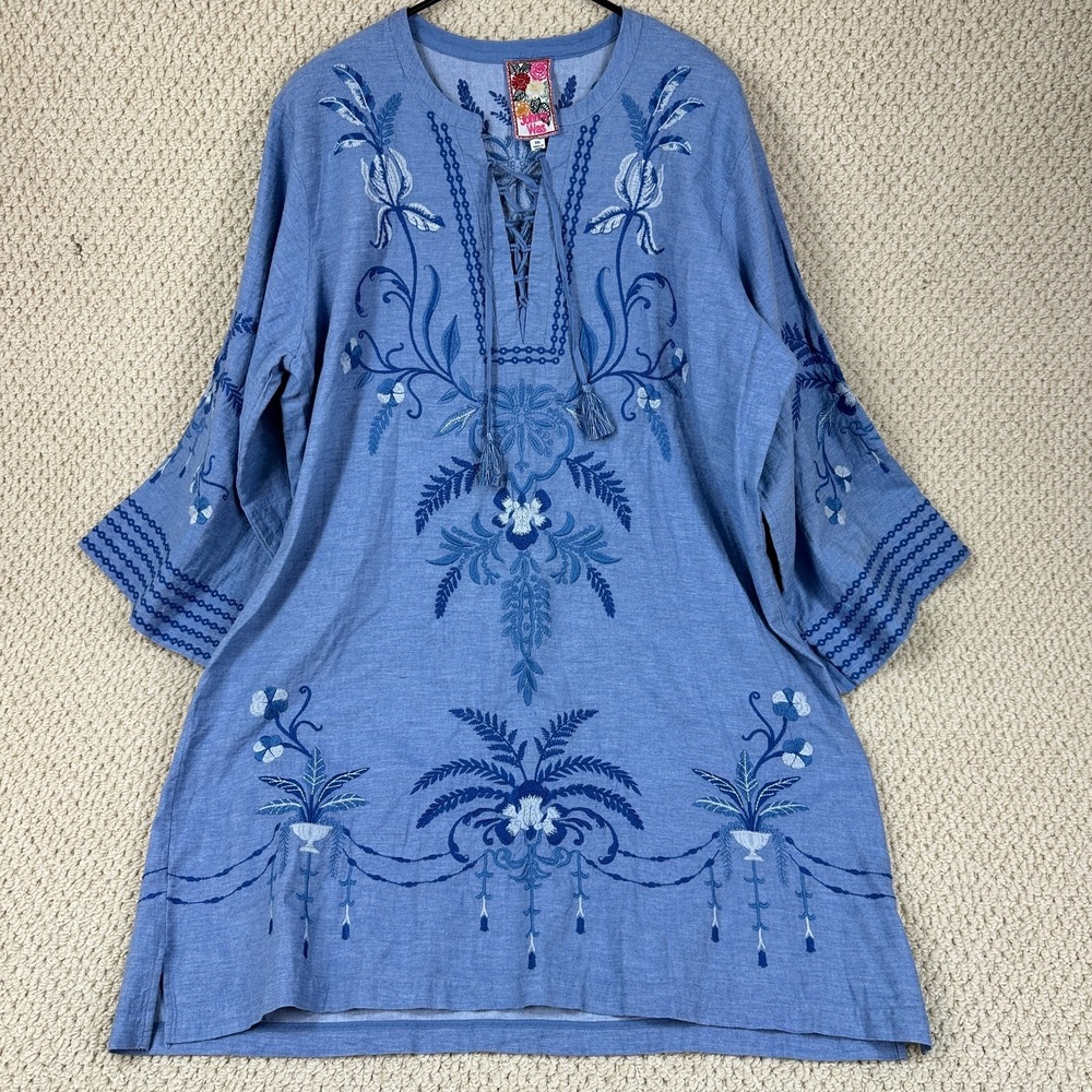 Johnny Was Tie Front Kimono Dress Womens 2XL Blue Paulinna Floral Embroidered
